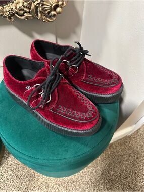tuk Burgundy Velvet Platform Creepers with Black Laces